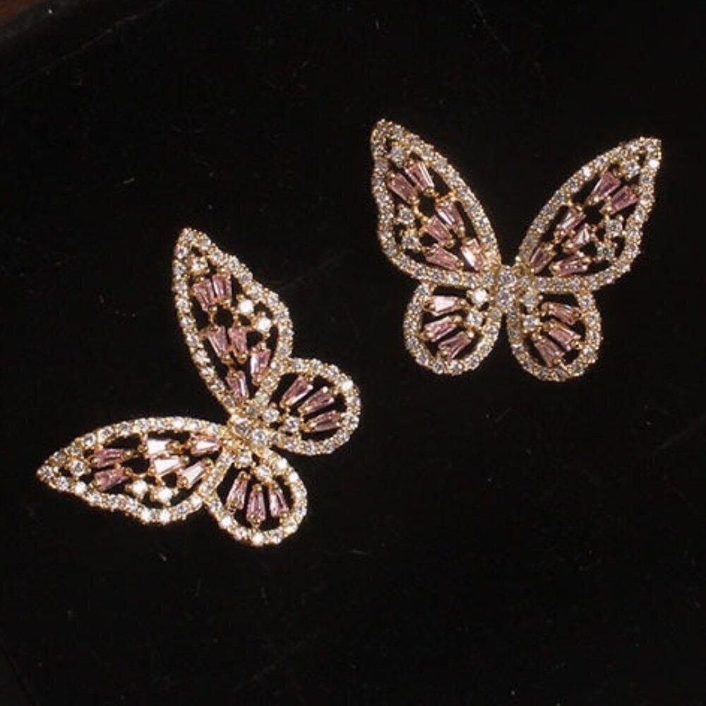 Zircon Butterfly Stud Earrings Pink and Gold